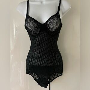 Christian Dior 1990's Vintage Sheer Logo Monogram Black Bodysuit 34B RARE